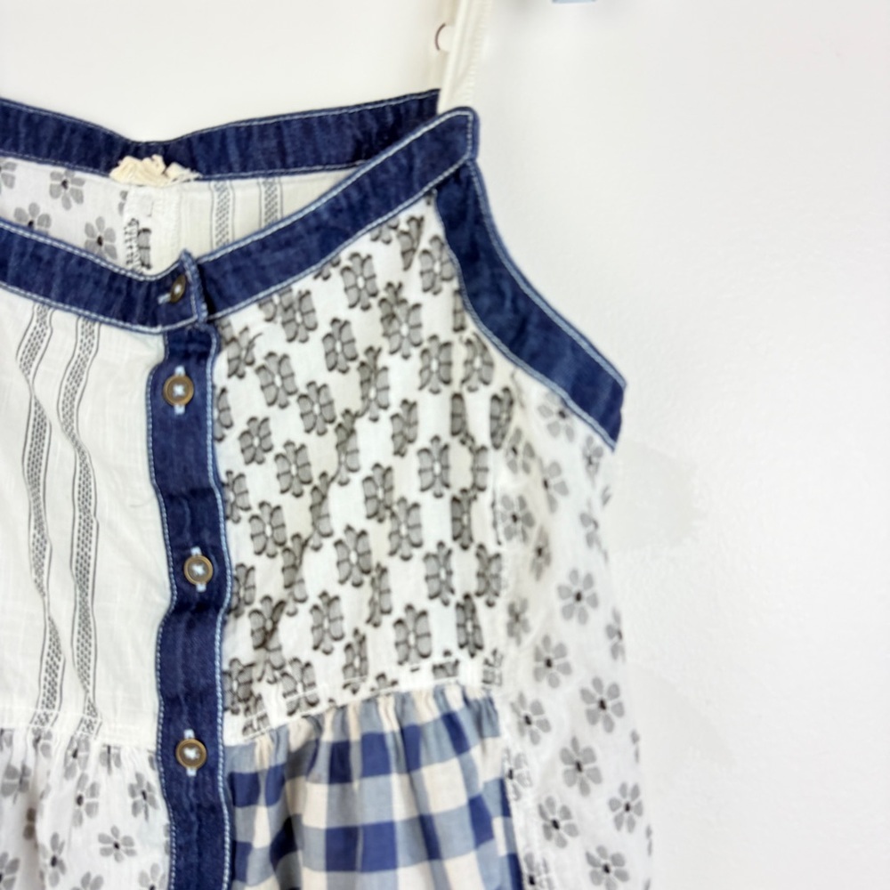 Anthropologie PILCRO Patchwork Button Front Cami Gingham Floral Boho Denim Trim - Picture 7 of 9
